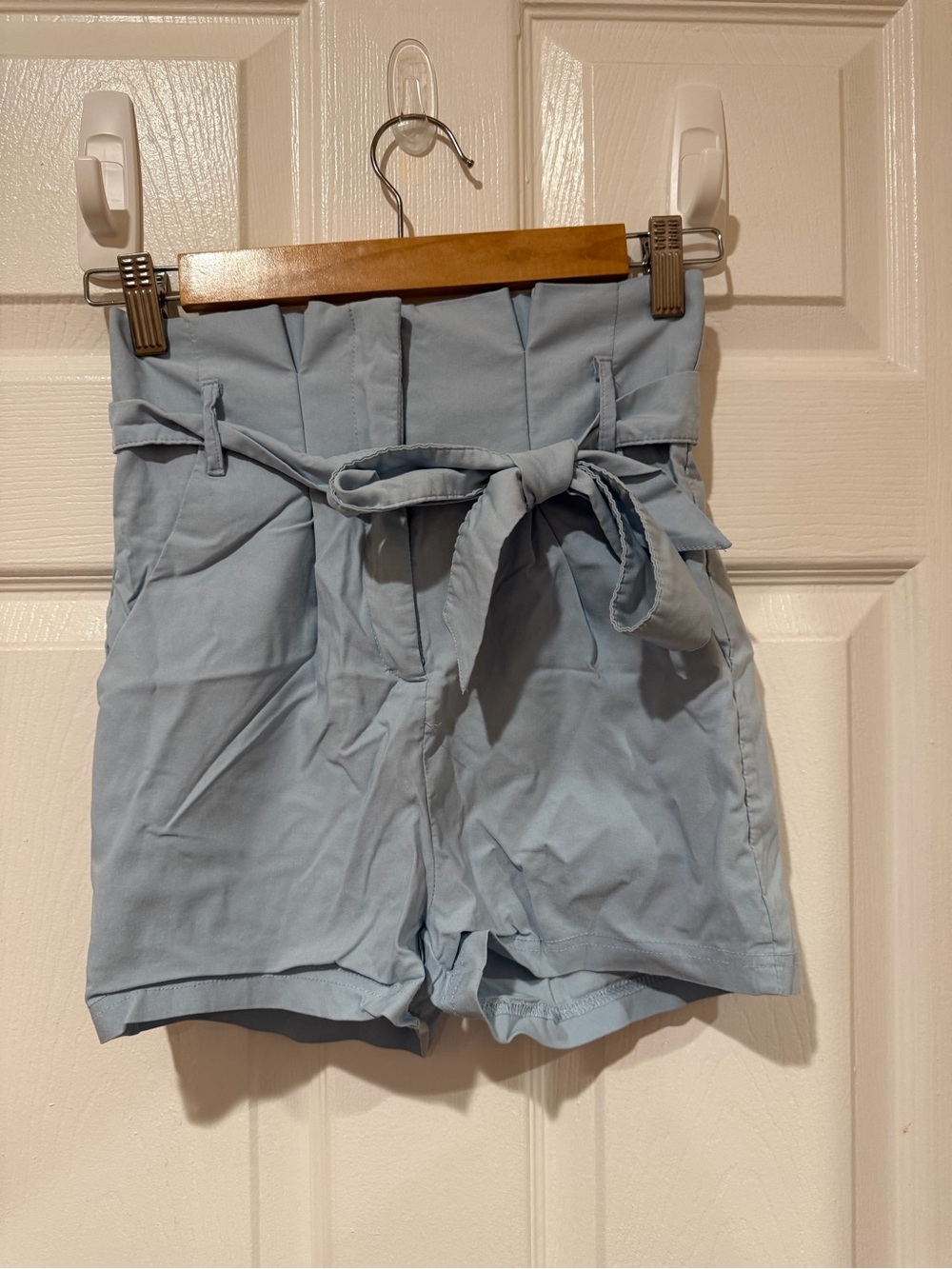 Light Blue High-Waist Paperbag Shorts with Tie Belt